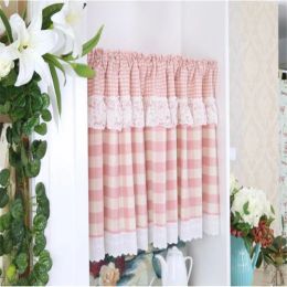 Curtains Free Shipping Pastoral Pink Grid Half Curtain Lace Coffee Cute Shades Kitchen Short Small Drapes Home Door Window Decora Purdanh