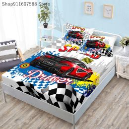 Set Sport Racing Car Elastic Fitted Bed Sheet Set Cartoon Cars Mattress Cover With Elastic Twin Full Queen King Size For Kids Boys