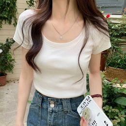 Design Sensitive Short T-shirt for Women with Round Neck Elastic Solid Color Versatile Summer Korean Casual Tight Fitting Spicy Girl Sleeved