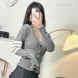 Spring and Autumn 2024 New Womens Knitted Cardigan Grey Sweater Short Small Fragrant TB Coat for Women