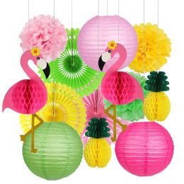 Machines Tropical Pink Flamingo Party Decorations Supplies Pineapple Honeycomb Pom Poms Flowers Paper Lanterns for Summer Birthday Party