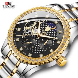 TEVISE Luxury Men Stailness steel Band Automatic Watch Fashion Men Moon phase Diamond Luminous Mechanical Clock227E