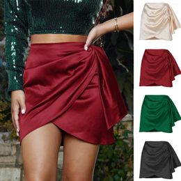 Skirts Women Summer Irregular Zipper Belt Furbelow Wrinkled Position Pure Color Satin Tall Waist Skirt Casual Vestidos WSL4998