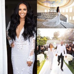 Wedding African Full Lace Dress Sexy Mermaid Deep V Neck Backless Bridal Gowns With Super Long Sleeves Robe De Soriee