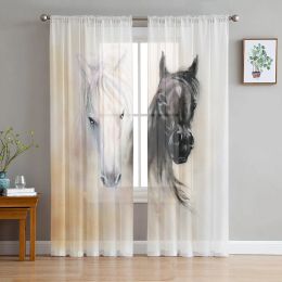 Curtains Black White Horse Watercolor Painting Tulle Sheer Window Curtains for Living Room Kitchen Children Bedroom Voile Hanging Curtain