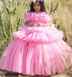 Girl Dresses Luxury Pink Ruffled Princess Gown Flower Dress For Wedding Sheer Neck Feather Decoration Kid Pageant First Communion