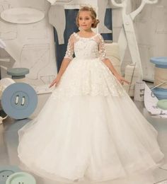 Girl Dresses Ivory White Flower Dress Lace Princess For Half Sleeve First Communion Kids Birthday Child Gown