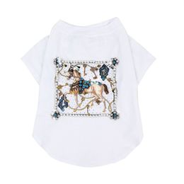 Pet Dog Clothes Summer Medium and Small Dog Schnauzer Clothes Summer Thin T-shirt HIgh-end White Horse Inlaid with Diamond