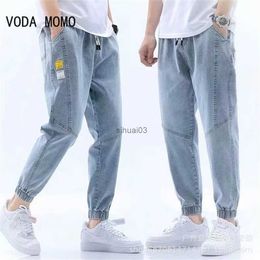 Men's Jeans 2022 Summer Mens Jeans Jogging Thin Back Palace Pants Cotton Belt Pants Korean Style Light Blue Hip Hop Leg Casual Mens TrousersL2403