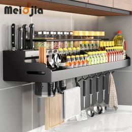 Racks MEIDJIA 2 Layer Wall Mounted Kitchen Rack Seasoning Shelves Storage Organizer Upgraded Spices Knife Holder Kitchen Accessories