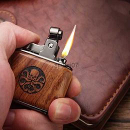 Lighters Wooden Carved Kerosene Lighter Retro Style Mechanical Push Ignition Exquisite Gifts for Men Cigarette Accessories 240325