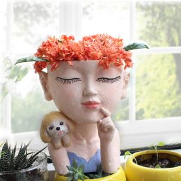 Planters Creative Personality Succulent Flower Pot Cute Girl and Dog Resin Flower Pot Balcony Patio Head Vase Garden Decoration