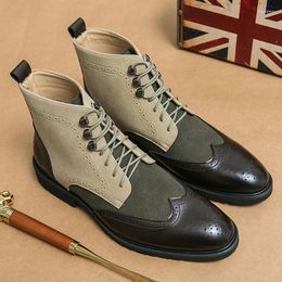 Boots Patchwork Suede Brogue For Men Mixed Colour Ankle Leisure Dress Formal Oxfords Footwear Male