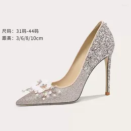 Dress Shoes Spring And Summer Pointy Sequin Flower Wedding Thin High Heels Banquet Large Small Women's Single