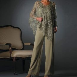 Capris 2022 Mother of the Bride Pantsuit Evening Dresses 3 Piece Woman Suit with Lace Jacket Chiffon Pantsuit Custom Dress Plus Size