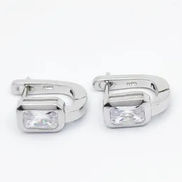 Hoop Earrings HESHI 925 Sterling Silver Platinum Plated Large Rectangular Zircon Inlay Geometric Curve For Woman