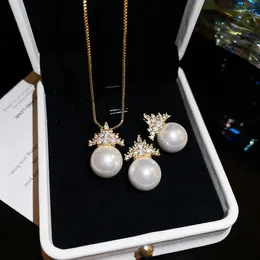 Necklace Earrings Set Luxury Retro Pearl Zircon Crown For Women Fashion Simple Jewelry