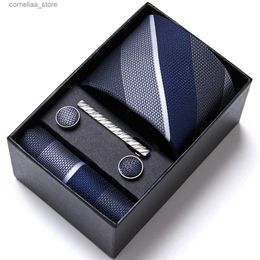 Neck Ties Neck Ties Brand Wholesale Tie Pocket Squares Cufflink Set Necktie Blue Striped Man Wedding Accessories Fit Workplace Holiday Gift Box Y240325