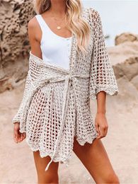 2024 See Through Hollow Out Crochet Knitted Tunic Beach Cover Up Coverups Dress Wear Beachwear Female Women K4416 240320