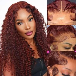 JKD 13x4 Reddish Brown Lace Front Human Hair 180% Density for Women Auburn Deep Wave Wigs Copper Red Glueless Curly Wig Pre Plucked 24 Inch
