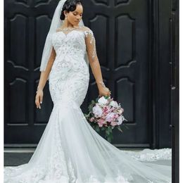 Arabiska aso ebi okt spets vit sjöjungfru bröllopsklänning pärlstav kristaller tyll vintage brudklänningar klänningar zj es