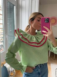 Spring Women Green Plaid Print Puff Sleeve T Shirt Elegant Casual Loose Ruffles O Neck Tops Female Commute Streetwear 240320