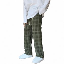 Coreano Fi calças casuais xadrez masculina solta reta perna larga calças streetwear 2024 hip hop sweatpants novo para o sexo masculino 522o #