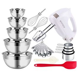 5-speed Electric Manual Mixer, 5 Large Mixing Sets, Handheld with Egg Beater, Stainless Steel Metal Nested Bowl Measuring Cup Spoon, Kitchen Cake Mixer for