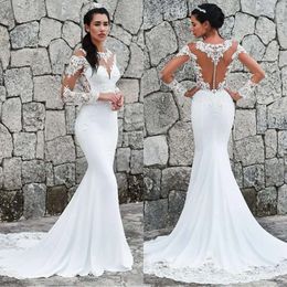 Wedding African Lace Mermaid Dress Sheer Neck Appliques Long Sleeves Bridal Gowns Plus Sizes Custom Made