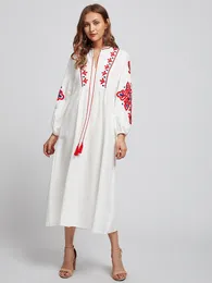 Ethnic Clothing Spring Summer Autumn White Embroidered Long Dress For Women Elegant O-Neck Puff Sleeve High Waist Party Robe Fashion