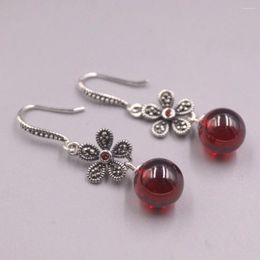 Dangle Earrings Real Solid 925 Sterling Silver Women Gift Lucky Garnet Bead Ball Flower