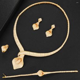 Necklace Earrings Set GODKI 3 Tone Luxury 4PCS Lily Flowers African For Women Wedding Cubic Zirconia Dubai Bridal SetS Costum Jewellery