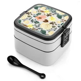 Dinnerware Vintage Watercolor Flowers Seamless Pattern Double Layer Bento Box Salad Portable Picnic Chic