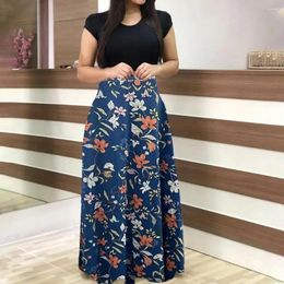 Casual Dresses Colour Block Dress Floral Print Maxi With Short Sleeves O Neck High Waist Breathable A-line For Dating