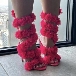 Sandals Rose Red Petal Snake-Shaped Wrapped Ankle Woman Summer 2024 Black Open Toe High Heels Wedding Bridal Shoes Luxury Pumps