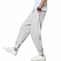 spring Summer Disc Buckle Striped Harem Pants Mens Breathable Cott Linen Pencil Pants Buckle Casual Bloomers Fi Trousers J6F6#