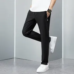 Men's Pants Soft Touch Men Ninth Loose Straight Drawstring With Elastic Waist Pockets Solid Color For Daily