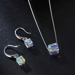 Earrings Necklace Square Cube Crystal from Austria Jewelry Sets Colorful Beads Pendant Necklace Silver Color Drop Earrings for Women Party Wedding L240323