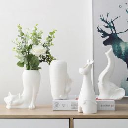 Vases Modern White Ceramic Vases Cat Bunny Giraffe Simple Designed Pottery Porcelain Vases For Artificial Flowers Decorative Figurines