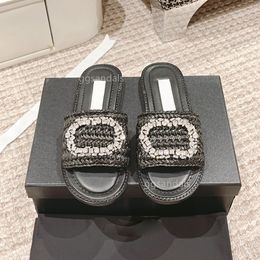 Designer slippers luxury sandals fashion hemp rope woven water diamond classic flat bottom slipper women beach shoes
