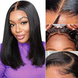 Eawwii Plucked Pre Cut Human Hair Wear and Go Glueless Wig 4x4 Lace Closure Straight Short Natural Black Bob Wigs for Women 14 Inch