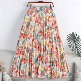 Skirts High Waist Chiffon Womens Vintage Floral Print Pleated Skirt Female Korean A-line Midi Long Jupe Faldas