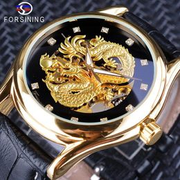 Forsining Diamond Dragon Display Golden Skeleton Luminous Hand Men Watch Black Genuine Leather Waterproof Mechanical Watch Clock286L