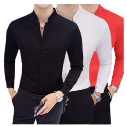 Men Business Shirts Black/White Fashion Elegant Male Stand Collar Long Sleeve Tops Homme Wedding Party Dresses 240318