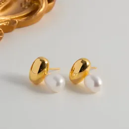 Stud Earrings French Golden Beans Big Natural Freshwater Pearls 18k Gold PVD Plated Stylish Jewelry