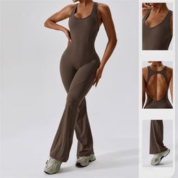 Women Fitness One Piece Flare Bodysuit Tight Fitting Workout Gym Sports LL Jumpsuit Loose Leg Hollow out back Scoop Neck Full Length Casual Unitard Playsuits