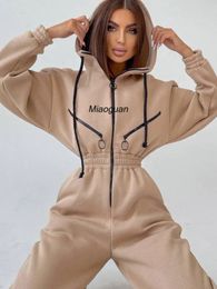 Elegant Hoodies Jumpsuit Korea Fashion Women Long Sleeve Outfit Warm Overalls Winter Sportwear Rompers Tracksuits 240306