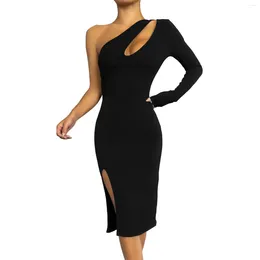 Casual Dresses Women Sexy One Shoulder Cutout Pleated Tight Long Sleeve Slit Party Dress High Waist Midi Skirt Vestidos Robes Mujer