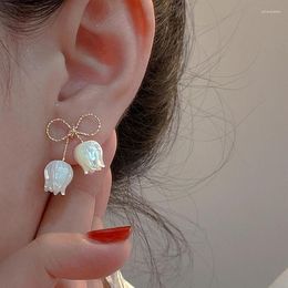 Stud Earrings Elegant White Shell Tulip Bowknot Gold Colour Dangle For Women Personality Fairy Bow Young Girls Charm Jewellery