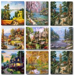 Number DIY Painting By Numbers Landscape House Oil Picture Paint For Adults On Canvas Frame Drawing Coloring By Number Home Decor Gift